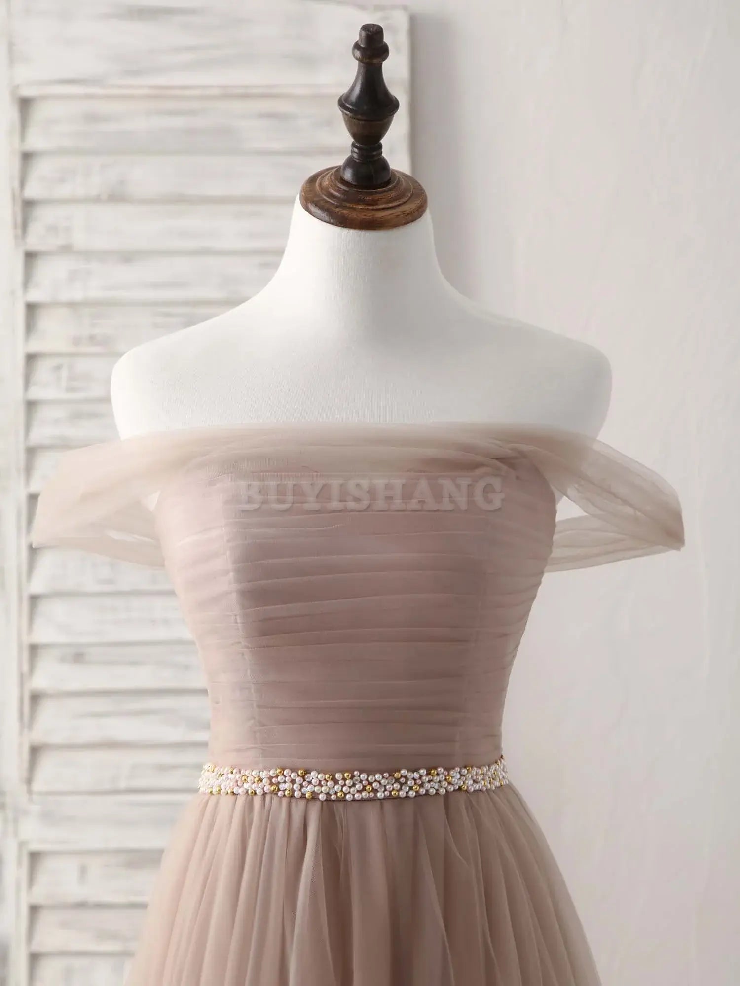 Buyishang Champagne Off Shoulder Tulle Long Prom Dress Champagne Evening Dress Bridesmaid dress shop