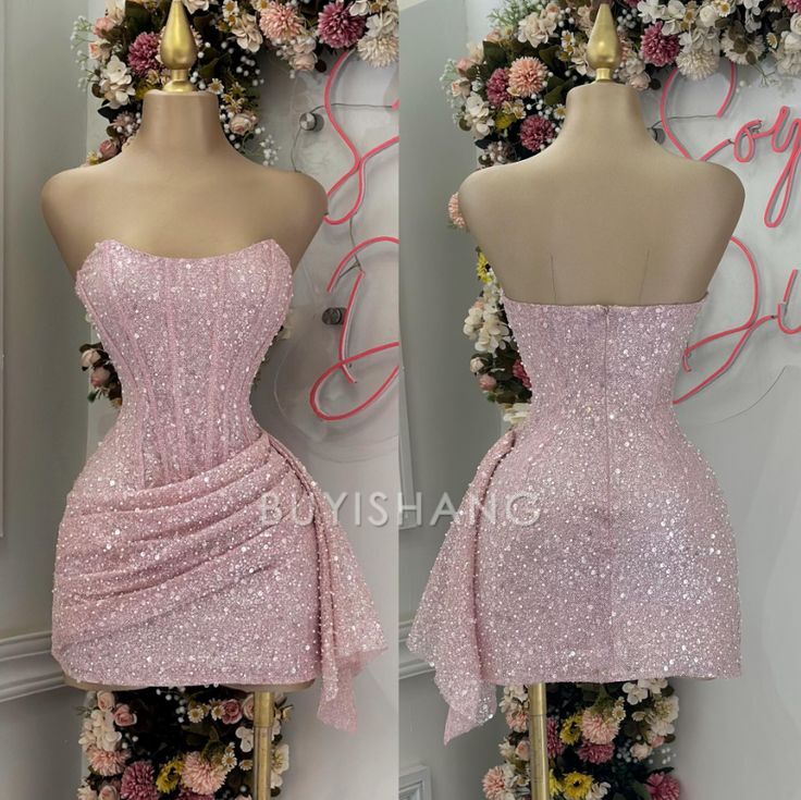 Buyishang Cheap Sheath Strapless Pink Sequin Homecoming Dresses Short Birthday Outfits