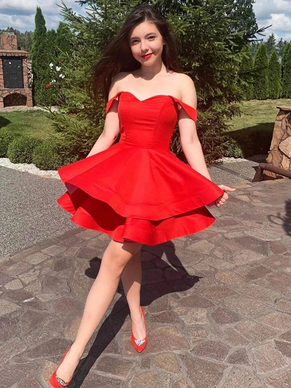 Chic A-Line Off-the-Shoulder Ruffled Red Short Homecoming Dress