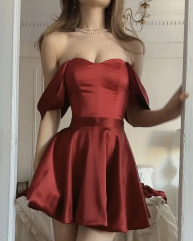 Buyishang Chic A line Off The Shoulder Burgundy Satin Short Party Dresses Homecoming Dresses