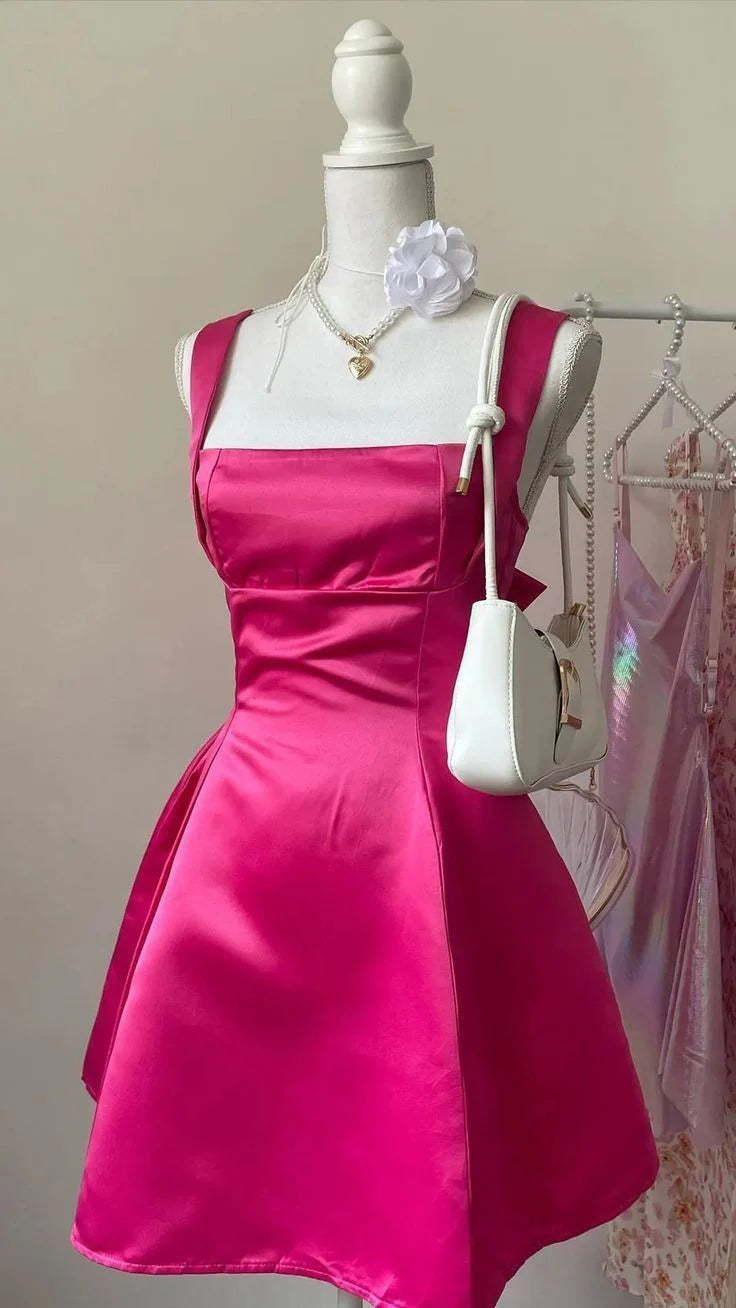 Buyishang Chic A line Square Neckline Hot Pink Satin Short Party Dresses Homecoming Dresses