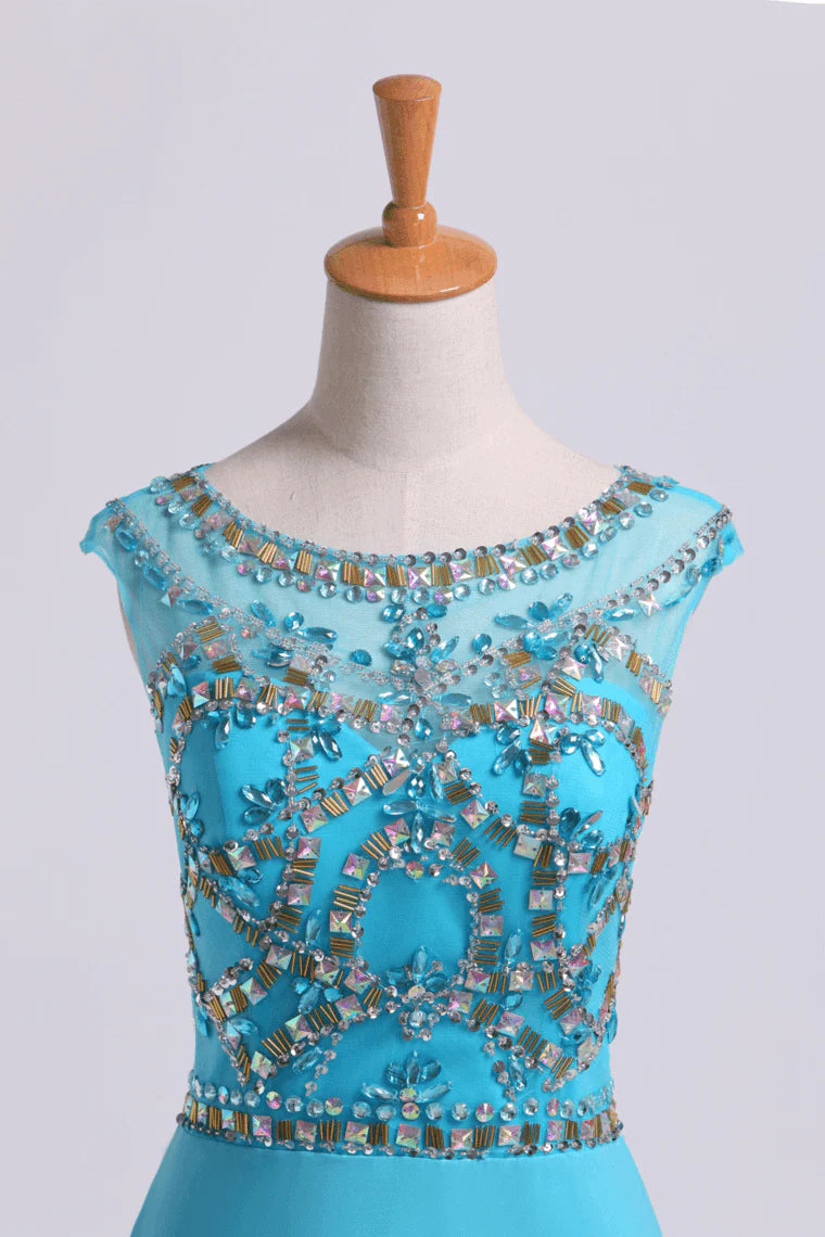Chiffon Bateau A-Line Beaded Bodice With A Keyhole Back Party Dress
