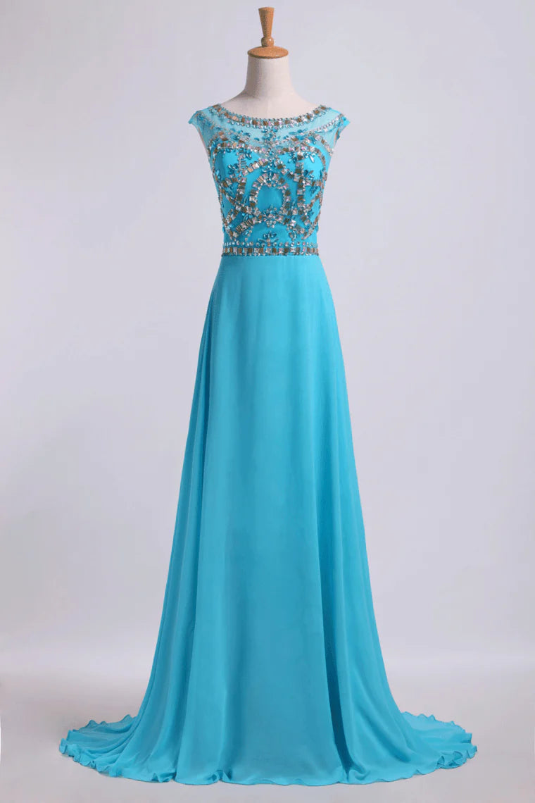 Chiffon Bateau A-Line Beaded Bodice With A Keyhole Back Party Dress