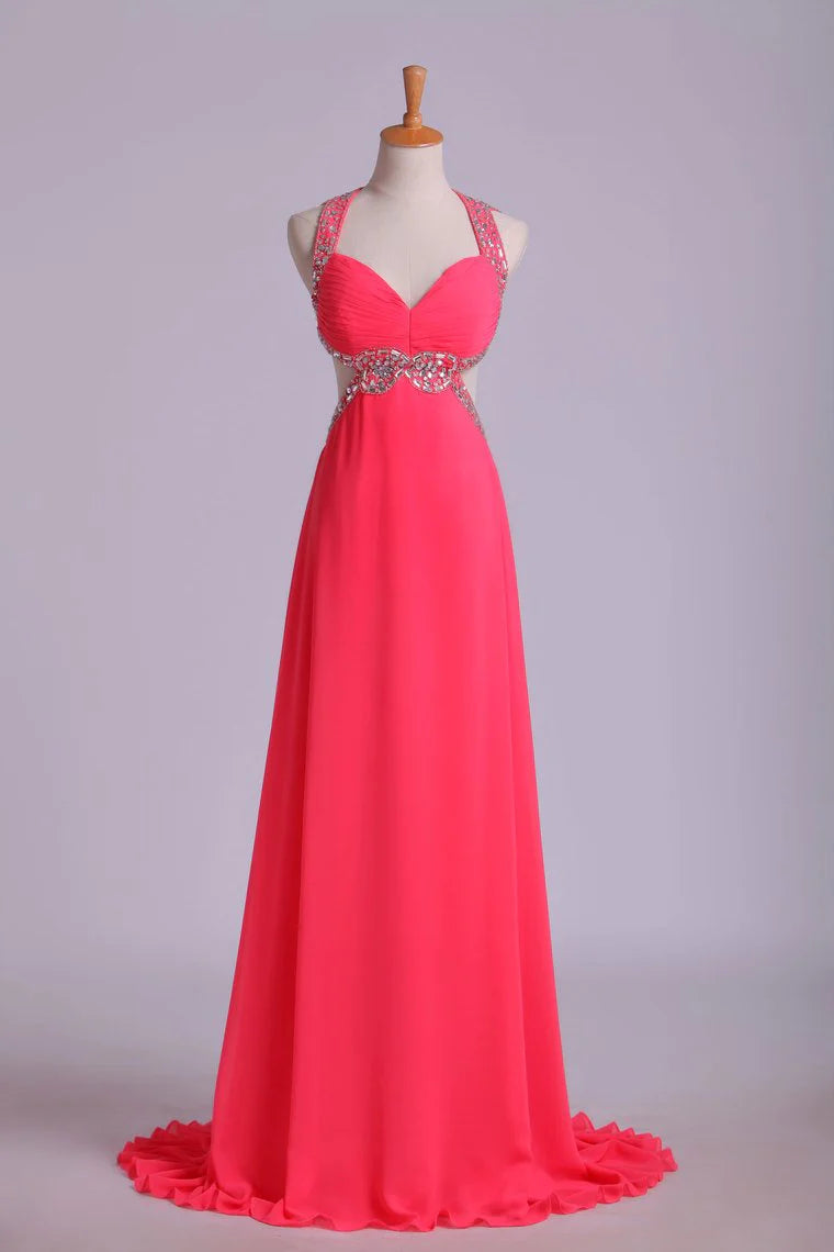 Chiffon Halter Party Dress Sexy A Line Court Train