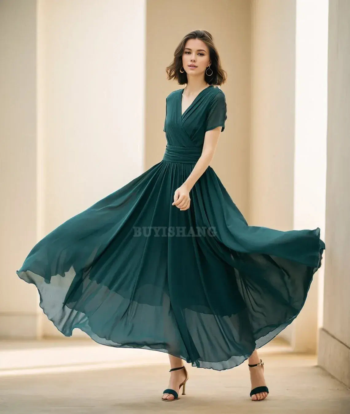 Buyishang Chiffon Wedding dress Green Maxi Bridesmaid dress Short sleeve chiffon dress Summer women wedding guest dress Prom dress
