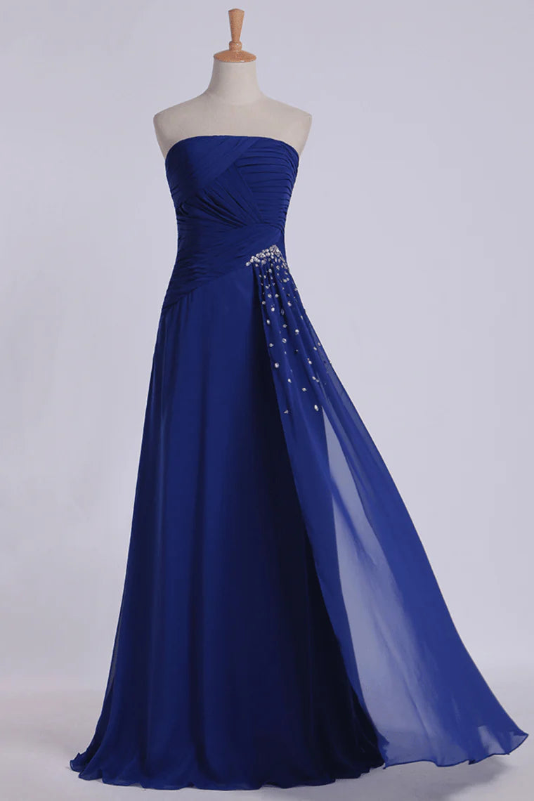 Party Dresses Strapless A Line Chiffon Floor Length With Ruffles And Beads