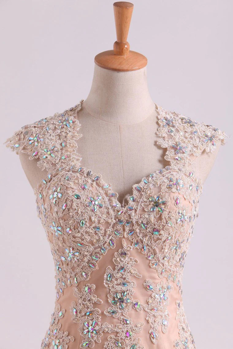 Classic Party Dresses V Neck Mermaid/Trumpet Floor Length Tulle Champagne With Applique & Beads