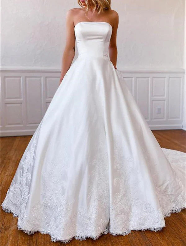Buyishang A-Line Strapless Satin Sweep Train Lace Appliques Wedding Dresses With
