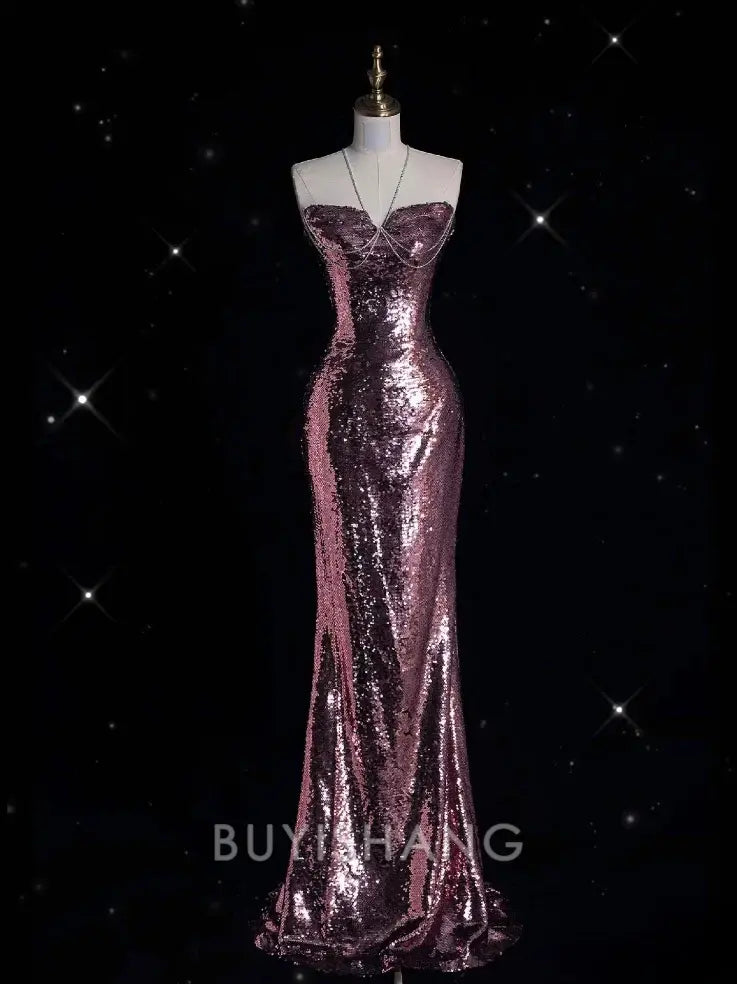 Buyishang Classy Mermaid Halter Neckline Sequin Floor Length Evening Dress Prom Dresses