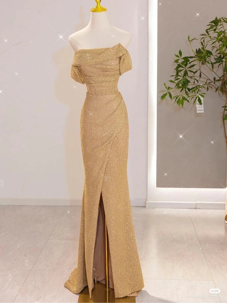 Buyishang Classy Mermaid Off The Shoulder Gold Slit Sequin Long Party Dress Prom Dresses