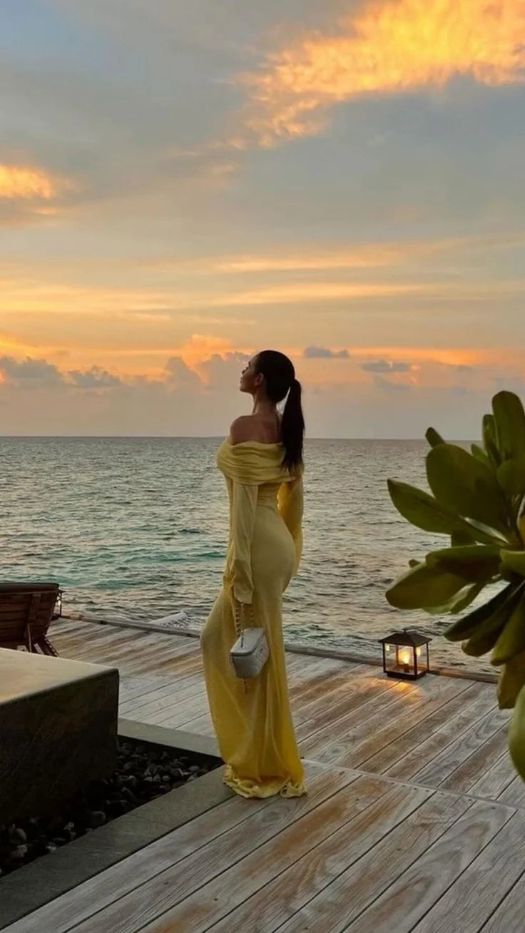 Buyishang Classy Mermaid Off The Shoulder Yellow Long Sleeves Evening Dress Prom Dresses