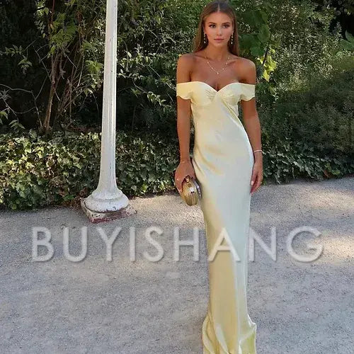 Buyishang Classy Mermaid Off The Shoulder Yellow Satin Long Evening Dress Prom Dresses