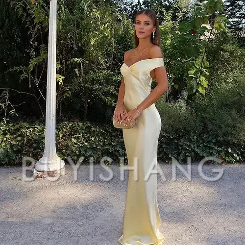 Buyishang Classy Mermaid Off The Shoulder Yellow Satin Long Evening Dress Prom Dresses