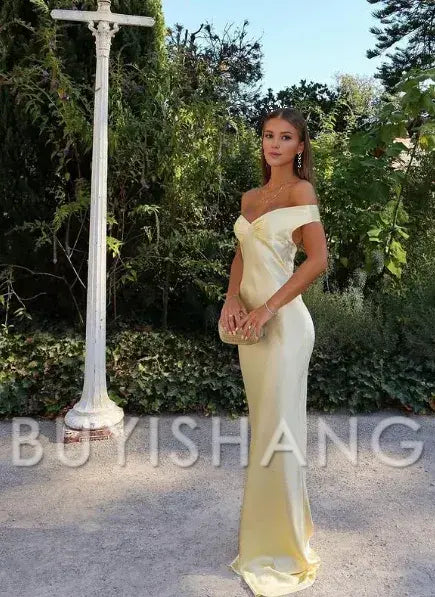 Buyishang Classy Mermaid Off The Shoulder Yellow Satin Long Evening Dress Prom Dresses