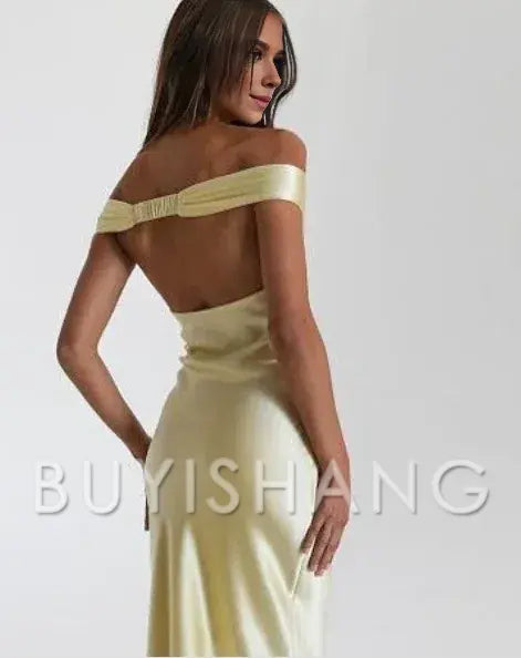 Buyishang Classy Mermaid Off The Shoulder Yellow Satin Long Evening Dress Prom Dresses
