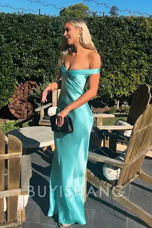Buyishang Classy Mermaid Off The Shoulder BLUE Satin Long Evening Dress Prom Dresses
