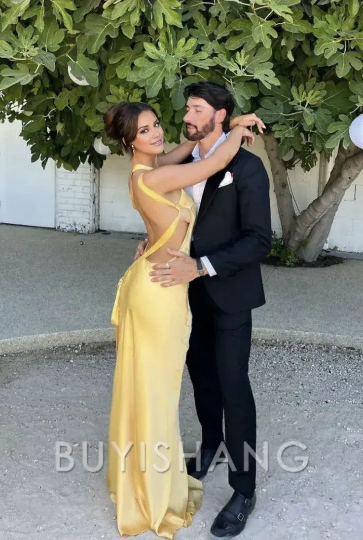 Buyishang Classy Mermaid One Shoulder Yellow Long Evening Dress Prom Dresses With Backless