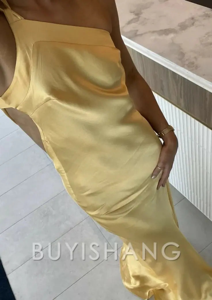 Buyishang Classy Mermaid One Shoulder Yellow Long Evening Dress Prom Dresses With Backless