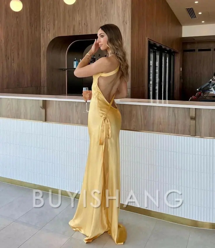 Buyishang Classy Mermaid One Shoulder Yellow Long Evening Dress Prom Dresses With Backless