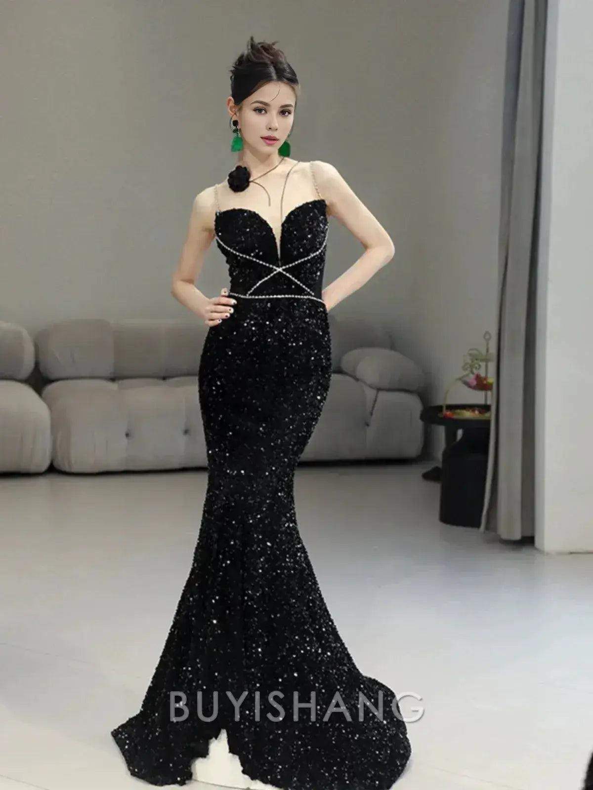 Buyishang Classy Mermaid Spaghetti Straps Black Sequin Long Evening Gowns Prom Dress