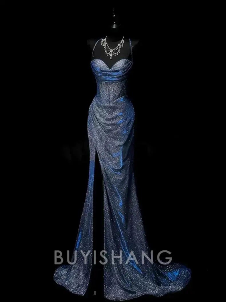 Buyishang Classy Mermaid Spaghetti Straps Navy Blue Sequin Long Evening Gowns Prom Dress