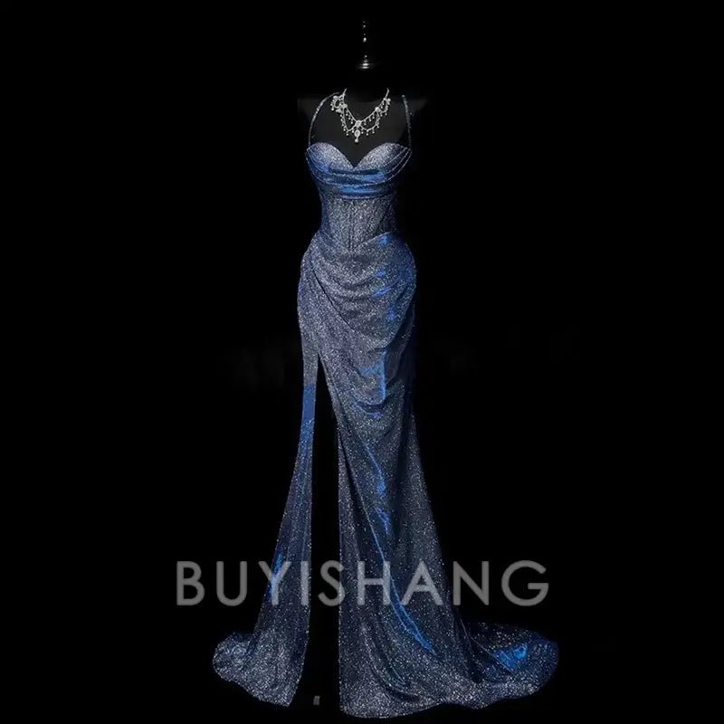 Buyishang Classy Mermaid Spaghetti Straps Navy Blue Sequin Long Evening Gowns Prom Dress