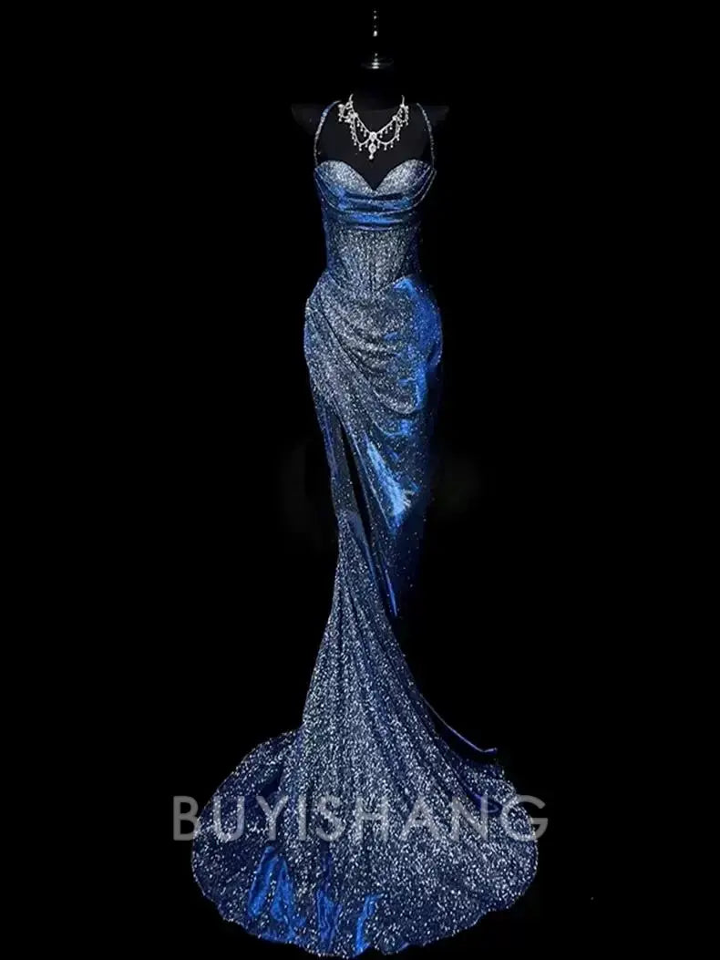 Buyishang Classy Mermaid Spaghetti Straps Navy Blue Sequin Long Evening Gowns Prom Dress
