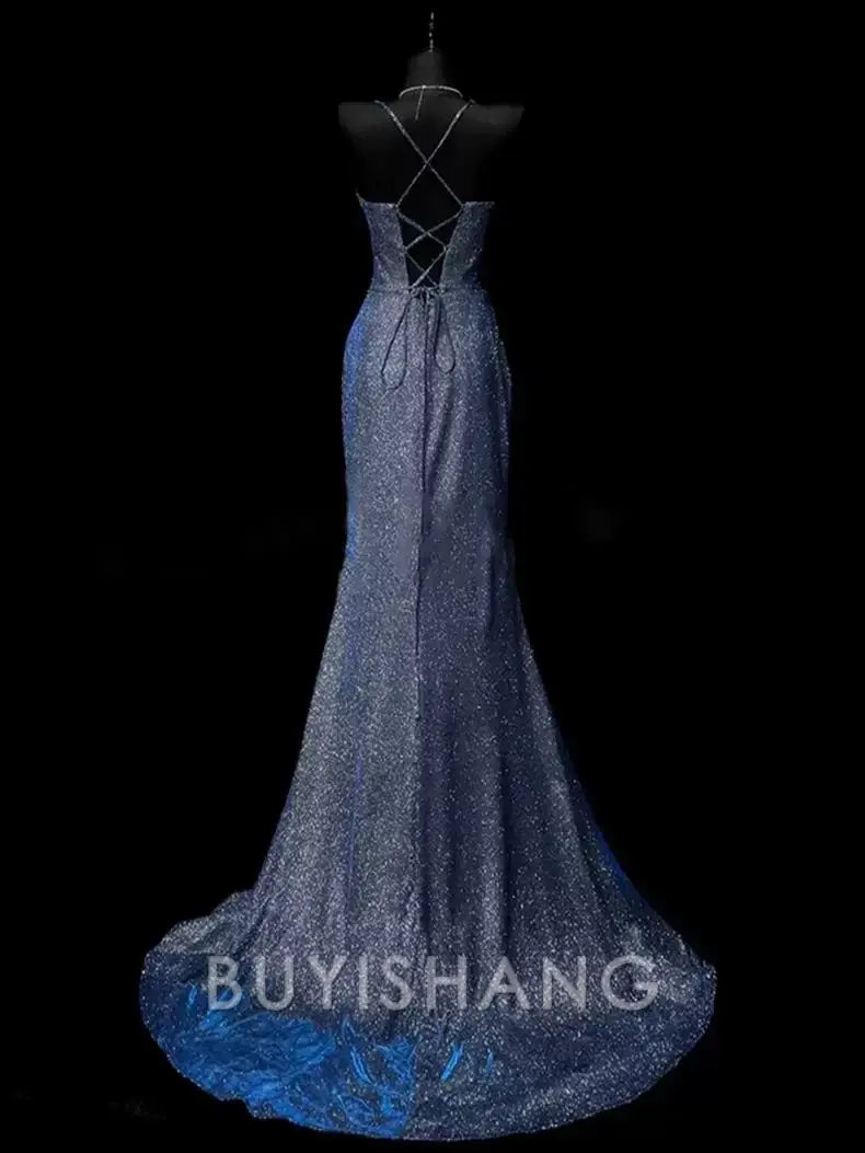 Buyishang Classy Mermaid Spaghetti Straps Navy Blue Sequin Long Evening Gowns Prom Dress