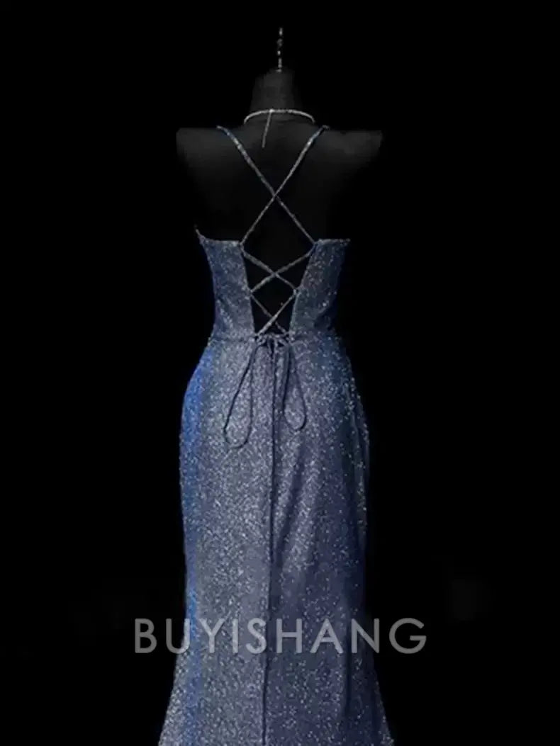 Buyishang Classy Mermaid Spaghetti Straps Navy Blue Sequin Long Evening Gowns Prom Dress
