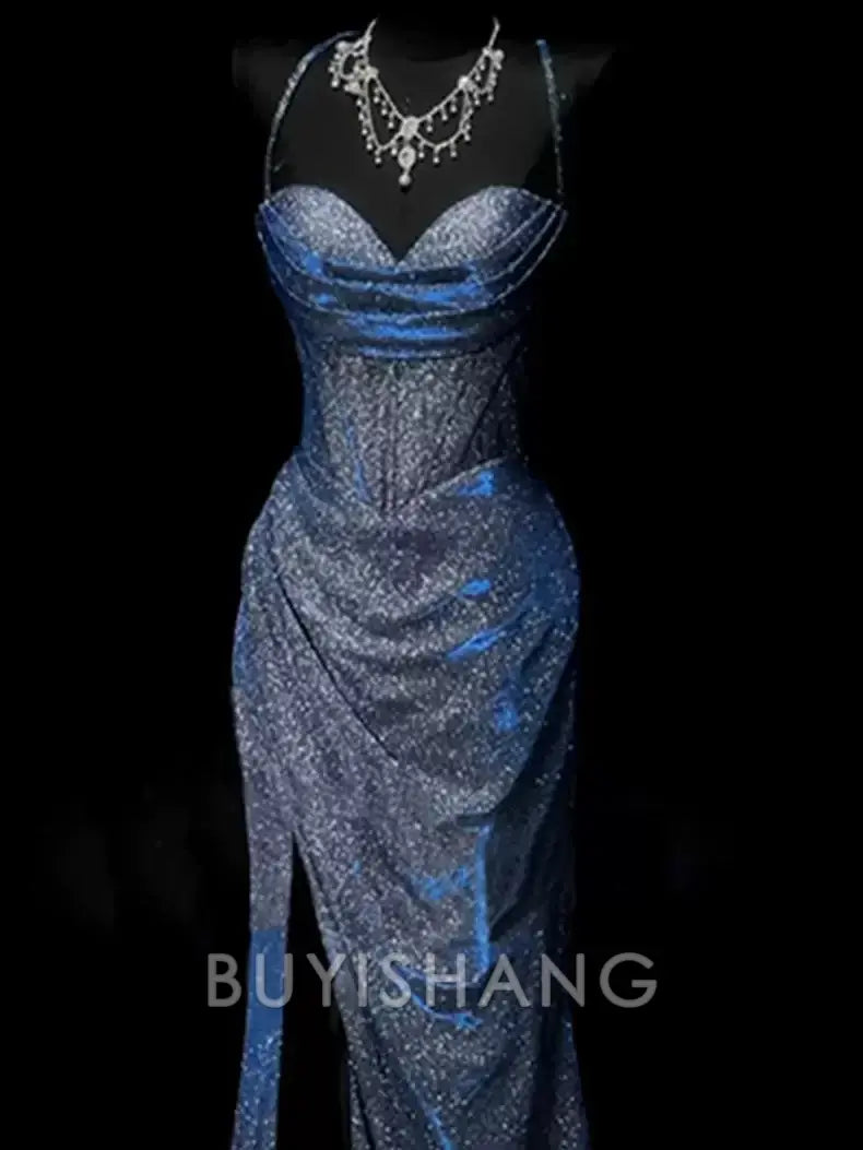 Buyishang Classy Mermaid Spaghetti Straps Navy Blue Sequin Long Evening Gowns Prom Dress