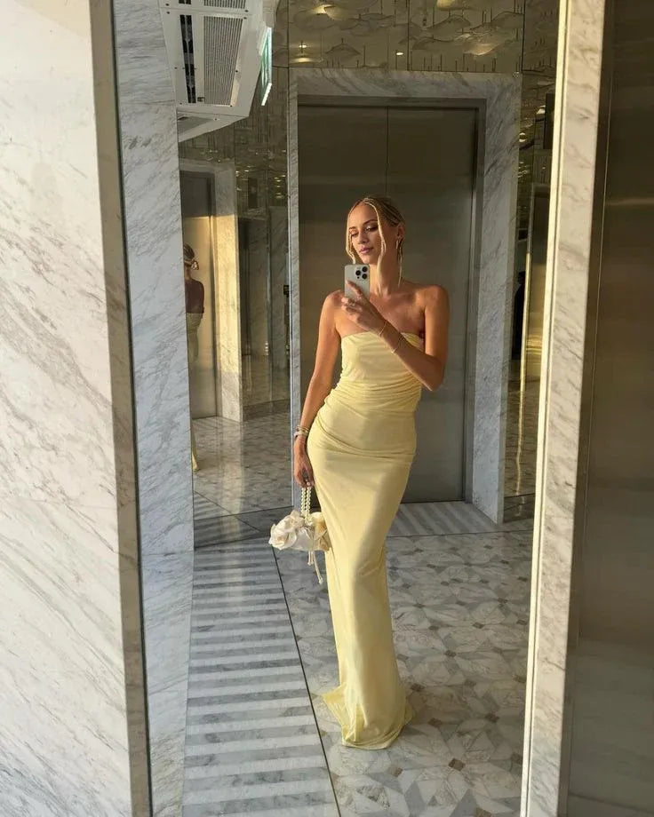 Buyishang Classy Mermaid Strapless Neckline Yellow Long Evening Dress Prom Dresses