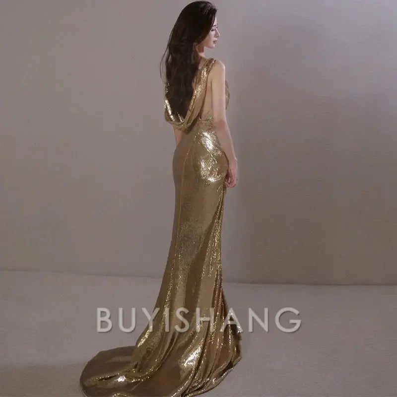Buyishang Classy Mermaid Straps Gold Sequin Long Evening Gowns Prom Dress
