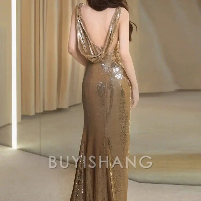 Buyishang Classy Mermaid Straps Gold Sequin Long Evening Gowns Prom Dress