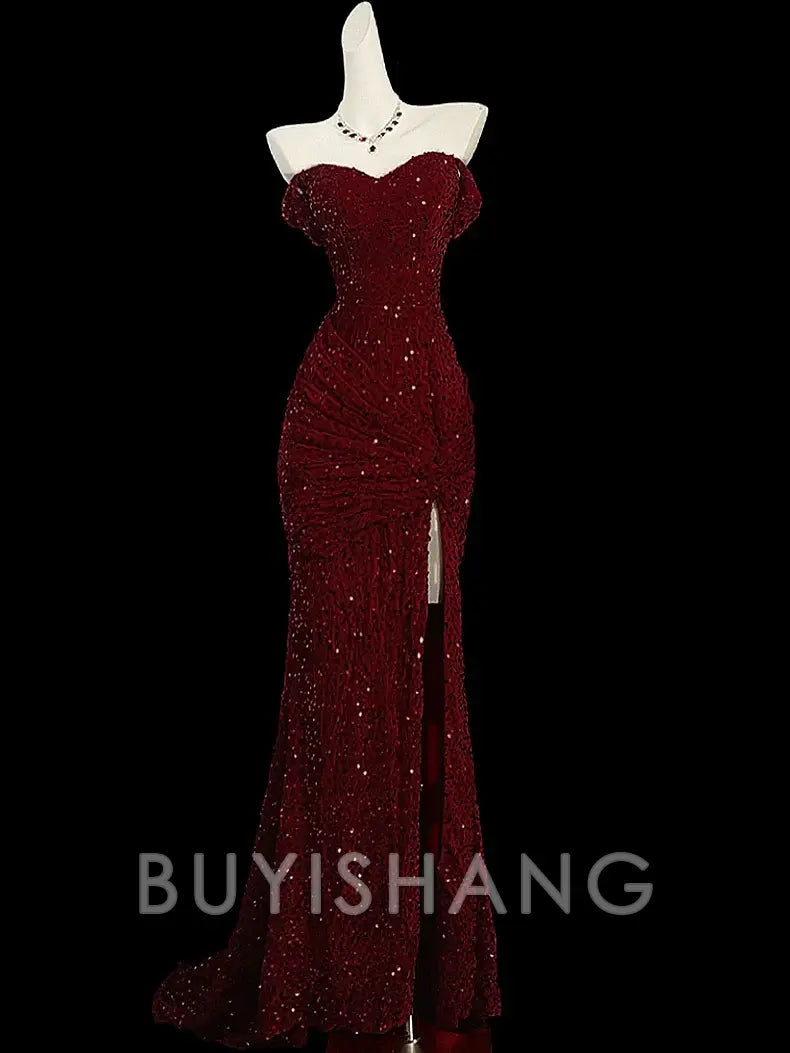 Buyishang Classy Mermaid Sweetheart Red Slit Sequin Long Evening Gowns Prom Dress