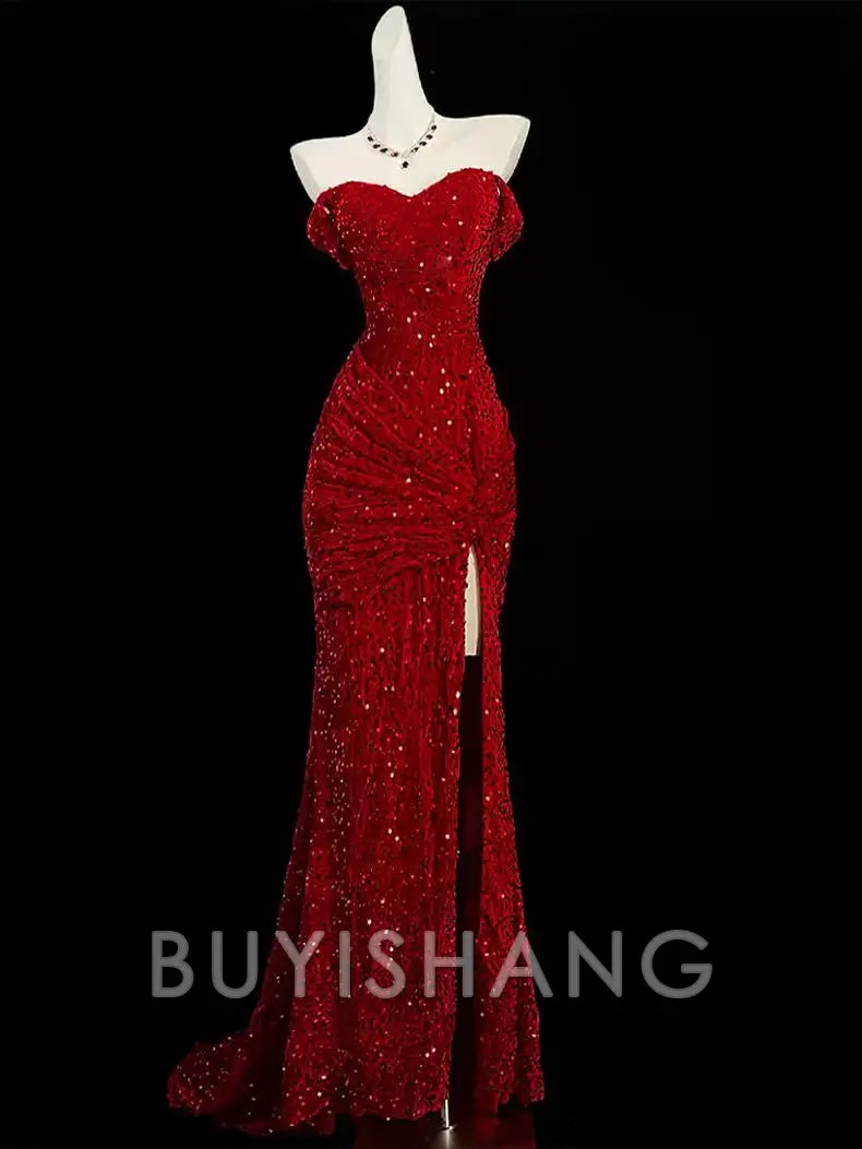Buyishang Classy Mermaid Sweetheart Red Slit Sequin Long Evening Gowns Prom Dress
