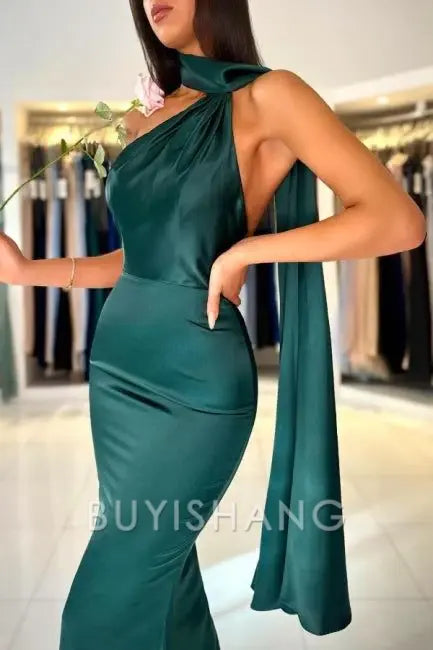 Buyishang Classy Sheath High Neckline Satin Long Party Dress Green Prom Dresses