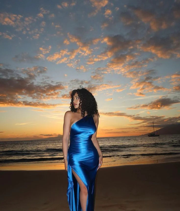 Buyishang Classy Sheath One Shoulder Sleeveless Satin Long Prom Dresses