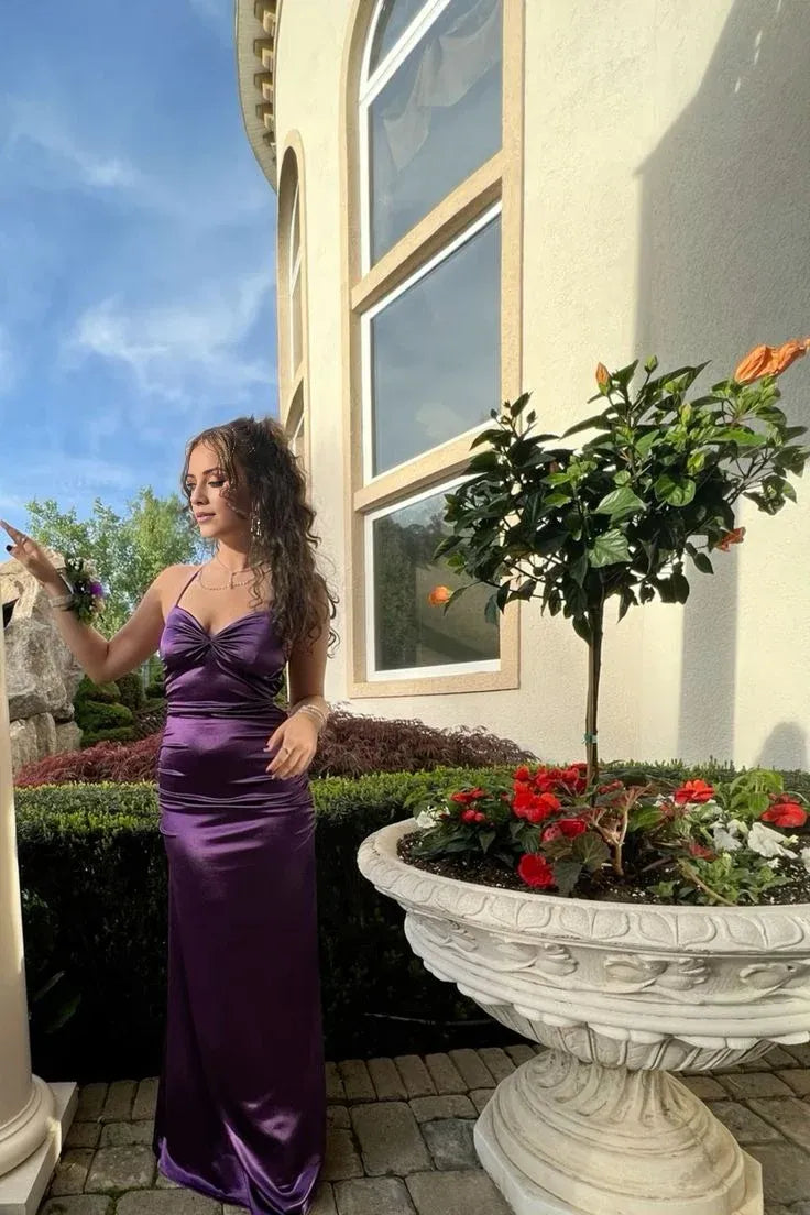 Buyishang Classy Sheath Spaghetti Straps Long Party Dress Grape Prom Dresses