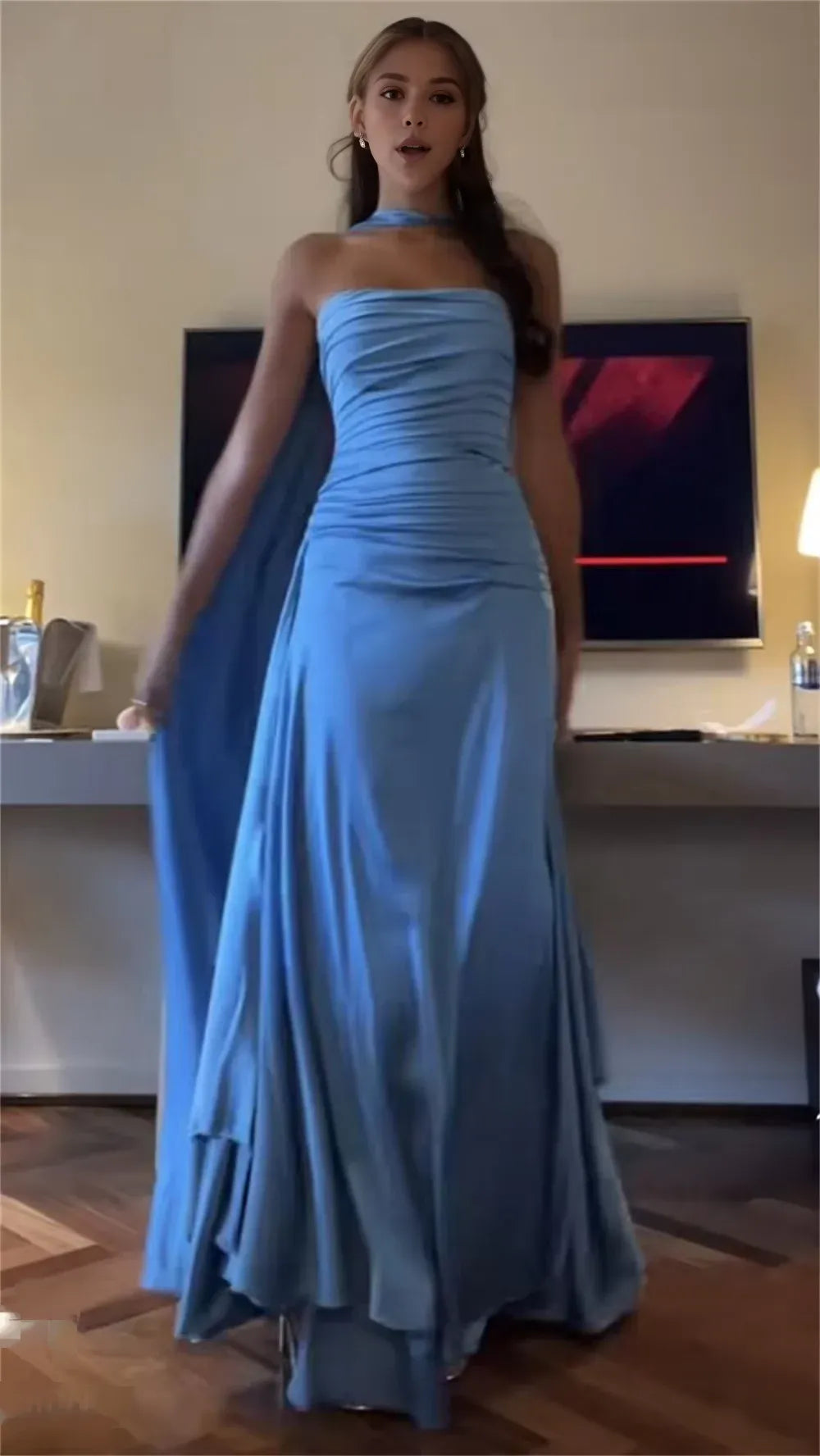 Buyishang Classy Sheath Strapless With Ribbon Blue Ruffles Long Prom Dress