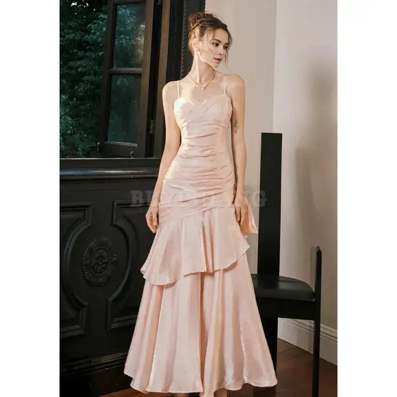 Buyishang Crystal Rose Pink Princess Mermaid Prom Dress Elegant Luxury Princess Gown Blush Pink Layered Satin Evening Dress Valentine's Day