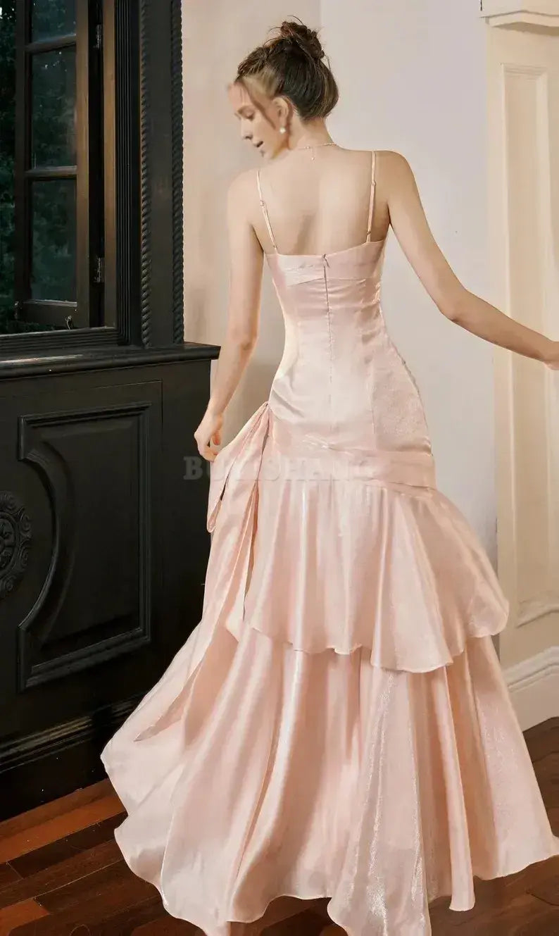 Buyishang Crystal Rose Pink Princess Mermaid Prom Dress Elegant Luxury Princess Gown Blush Pink Layered Satin Evening Dress Valentine's Day