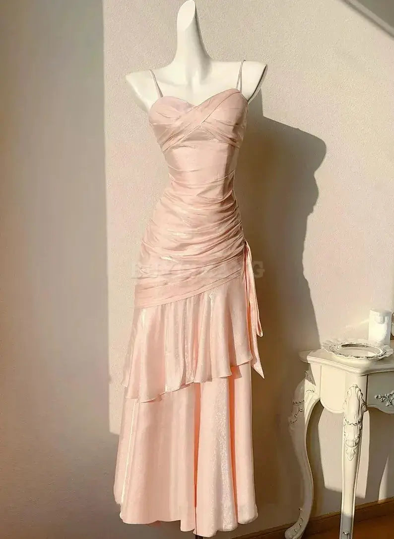 Buyishang Crystal Rose Pink Princess Mermaid Prom Dress Elegant Luxury Princess Gown Blush Pink Layered Satin Evening Dress Valentine's Day