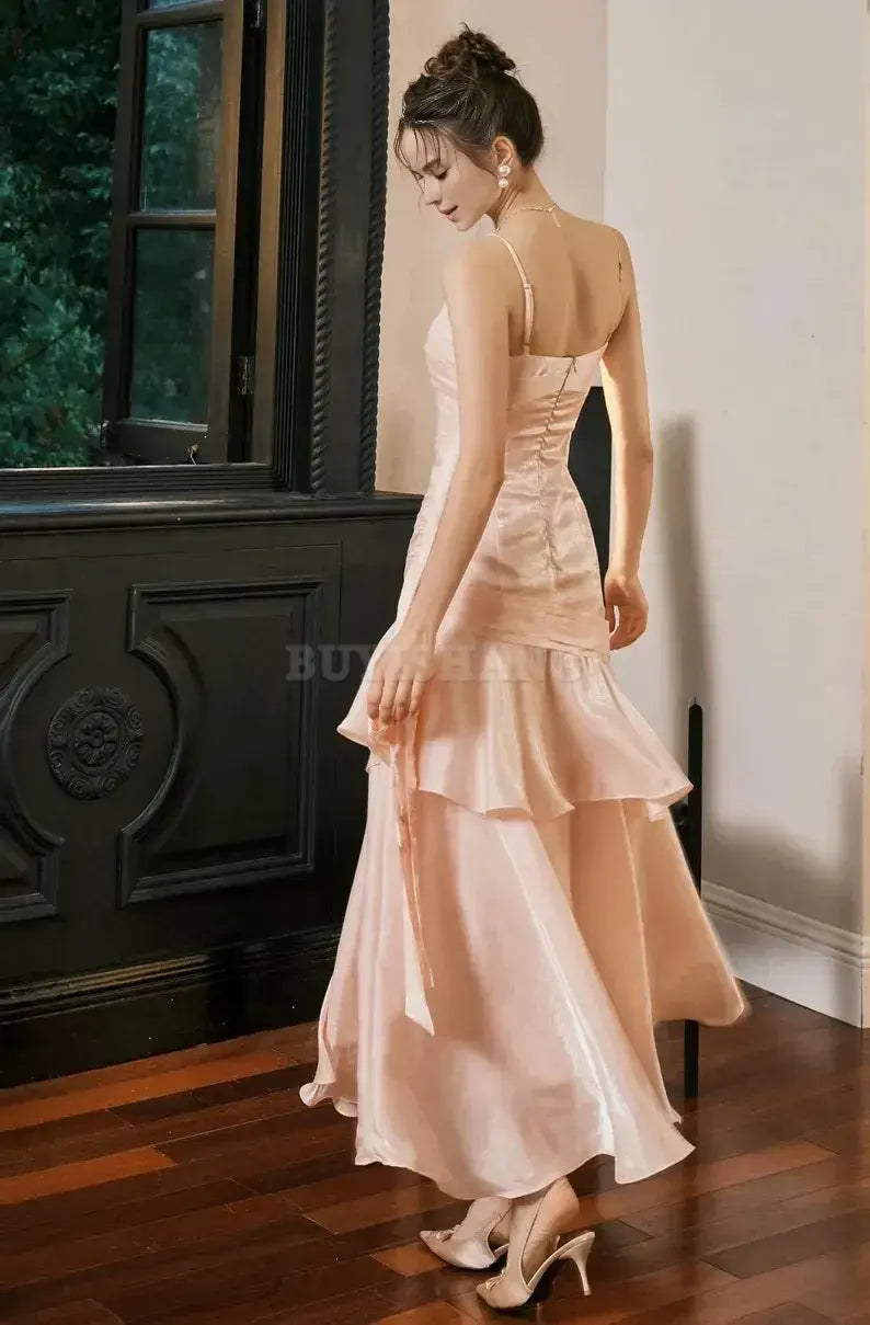 Buyishang Crystal Rose Pink Princess Mermaid Prom Dress Elegant Luxury Princess Gown Blush Pink Layered Satin Evening Dress Valentine's Day