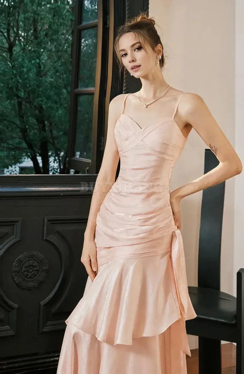 Buyishang Crystal Rose Pink Princess Mermaid Prom Dress Elegant Luxury Princess Gown Blush Pink Layered Satin Evening Dress Valentine's Day