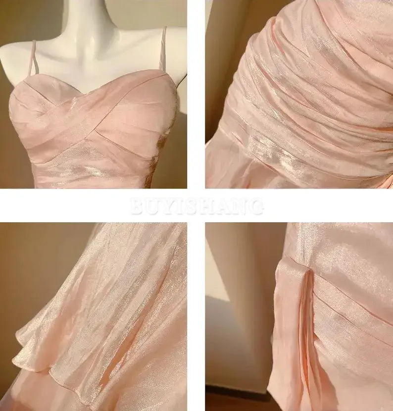 Buyishang Crystal Rose Pink Princess Mermaid Prom Dress Elegant Luxury Princess Gown Blush Pink Layered Satin Evening Dress Valentine's Day