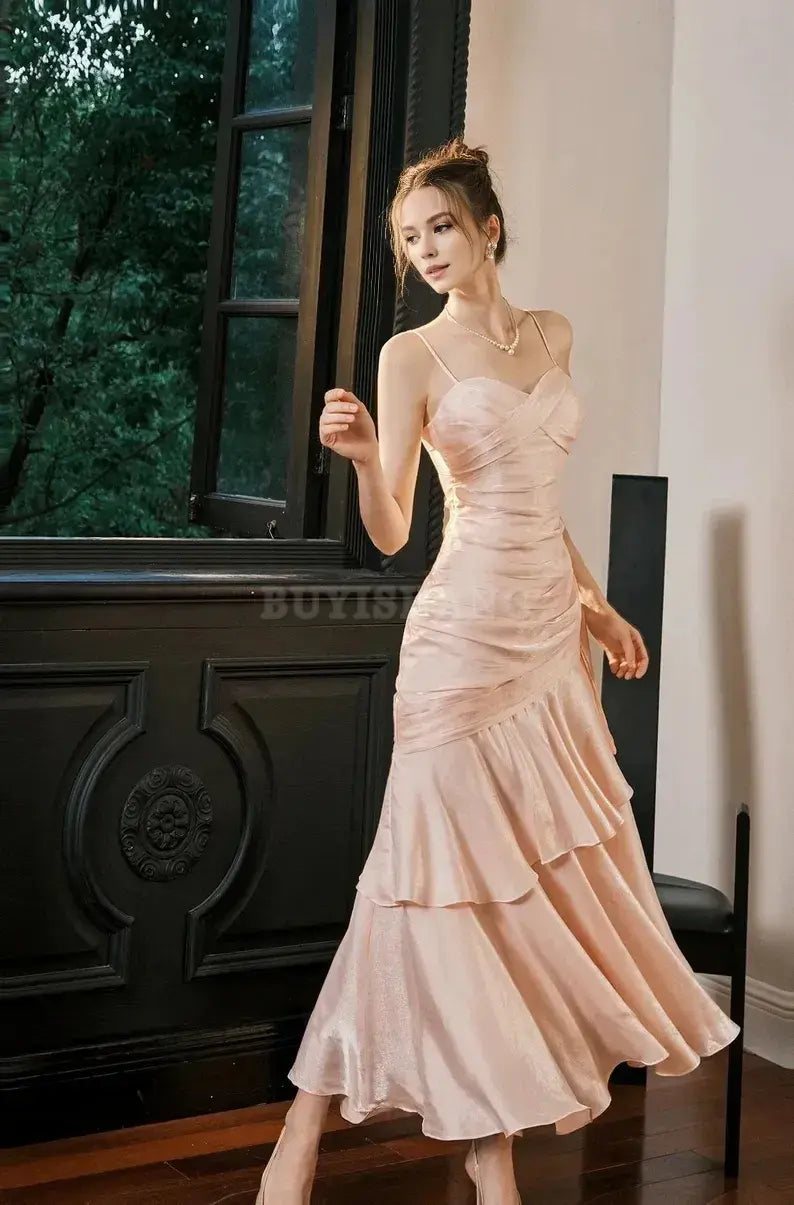 Buyishang Crystal Rose Pink Princess Mermaid Prom Dress Elegant Luxury Princess Gown Blush Pink Layered Satin Evening Dress Valentine's Day
