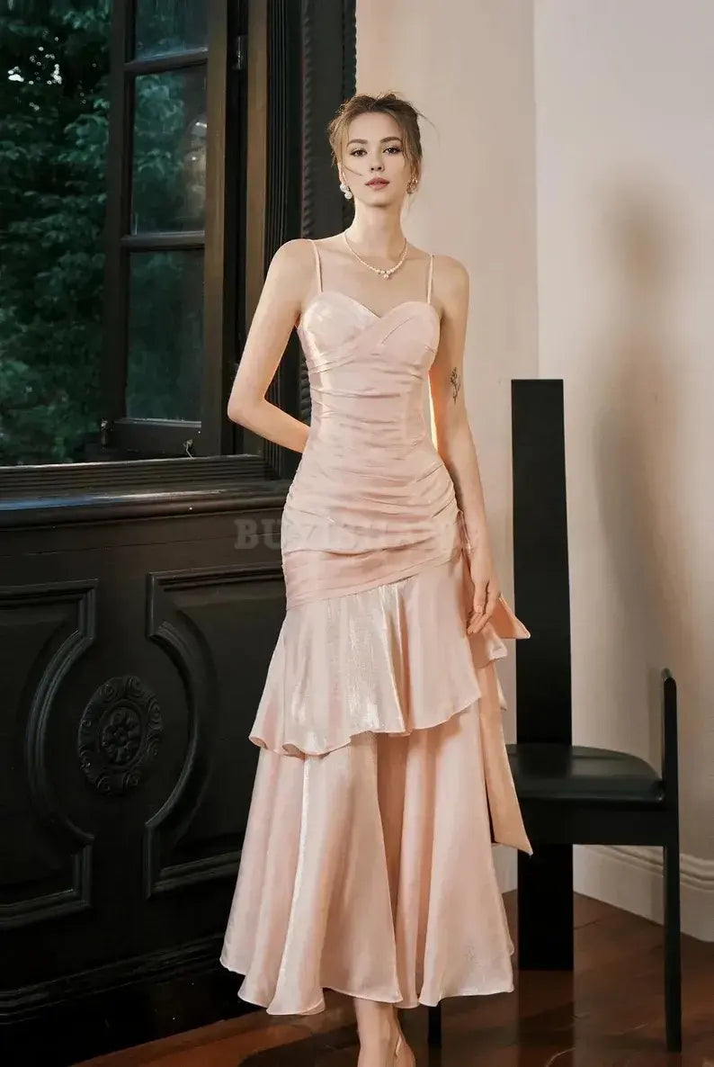 Buyishang Crystal Rose Pink Princess Mermaid Prom Dress Elegant Luxury Princess Gown Blush Pink Layered Satin Evening Dress Valentine's Day