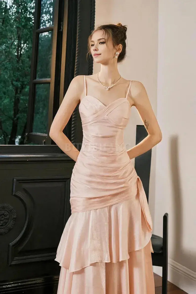 Buyishang Crystal Rose Pink Princess Mermaid Prom Dress Elegant Luxury Princess Gown Blush Pink Layered Satin Evening Dress Valentine's Day