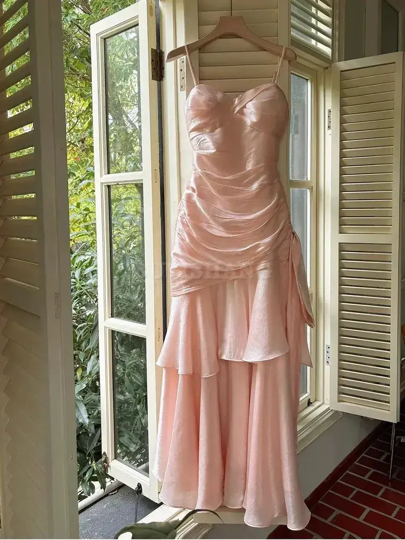 Buyishang Crystal Rose Pink Princess Mermaid Prom Dress Elegant Luxury Princess Gown Blush Pink Layered Satin Evening Dress Valentine's Day