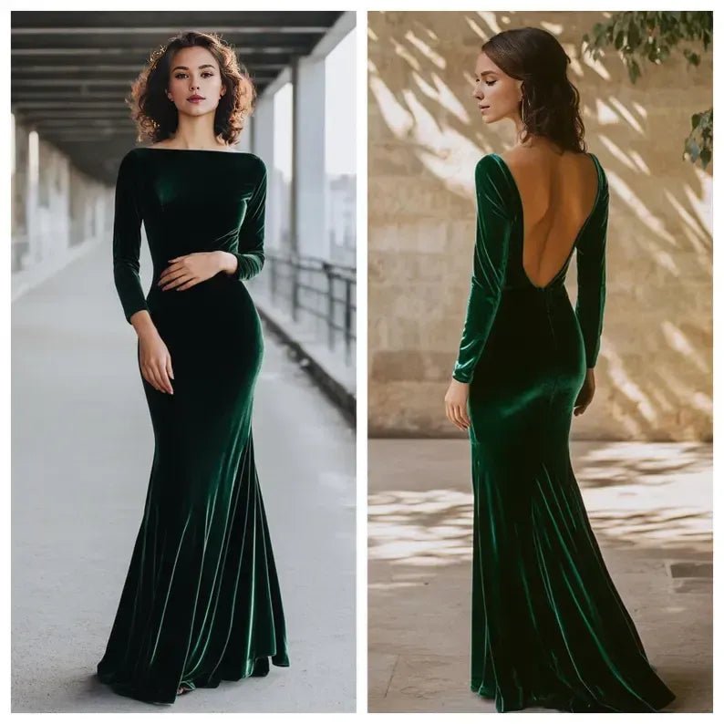 Buyishang Custom Emerald Velvet Evening Gown Boat Neck Backless Dress Long Sleeve Luxury Formal Gown